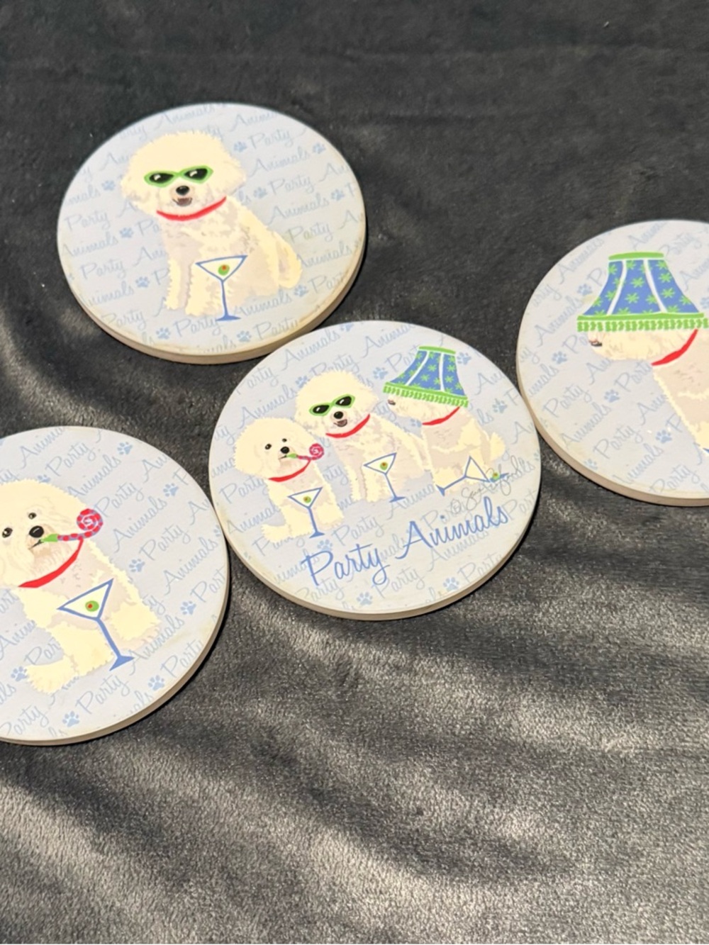 Bichon Frise Drink Party Coaster Set Of 4 Light Blue Party Animal Vintage